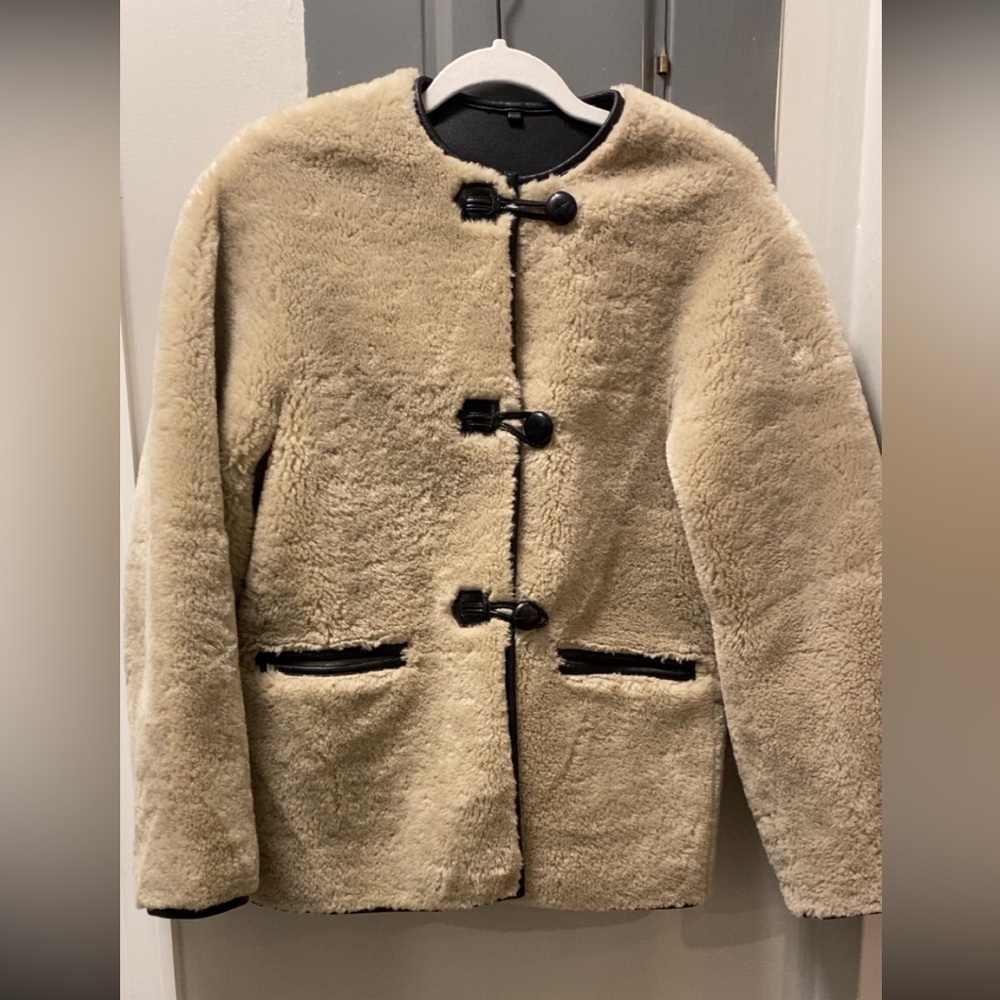 Mango Cream Teddy Jacket with Black Details